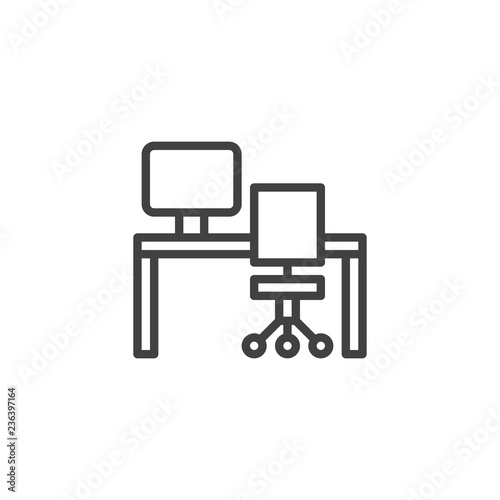 Office desk, computer and chair furniture outline icon. linear style sign for mobile concept and web design. Workspace simple line vector icon. Workplace symbol, logo illustration. Vector graphics