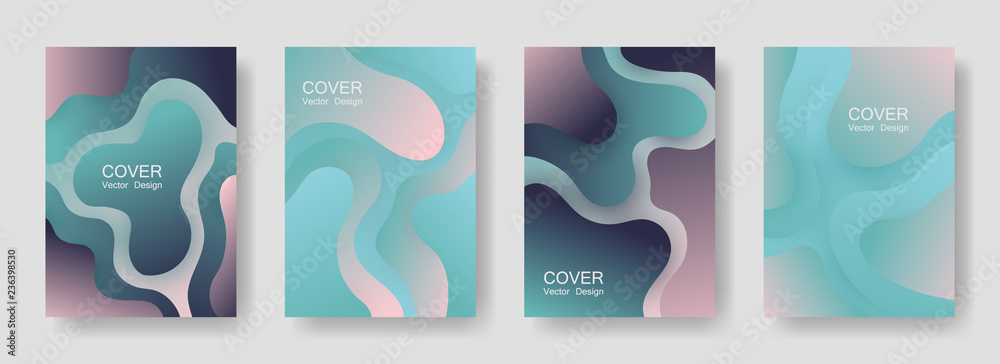 Gradient fluid shapes abstract covers vector collection. Minimal poster backgrounds design. Flux paper cut effect blob elements pattern, fluid wavy shapes texture print. Cover templates.