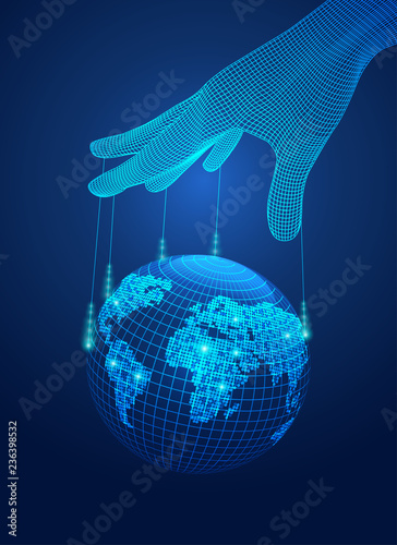concept of power control, wireframe hand control digital global