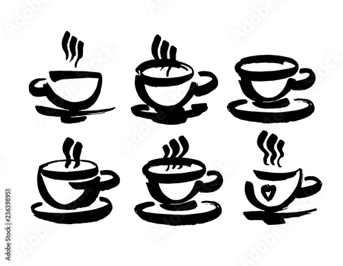 Coffee and tea cups symbols for fast food or restaurant design. Modern brush ink. Isolated on white background.