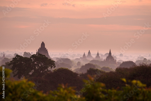 Scenic sunrise with thousands of historic buddhist temples in Bagan Myanmar