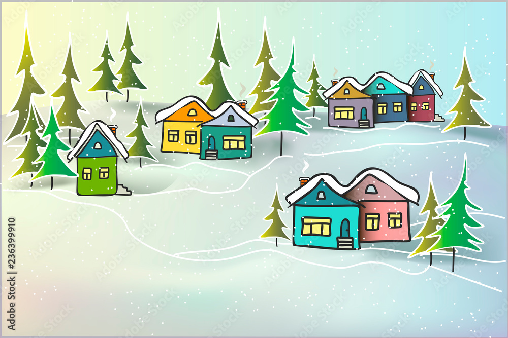 Vector background illustration cute cozy winter landscape caramel multicolored houses and firs in snow drifts for card, typographic print, cover page, web site, banner.