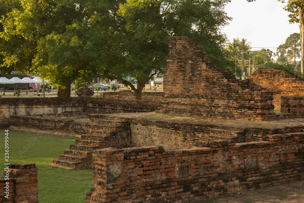 The ruins of a temple in Thai temple (Wat Thai) Phichit historian park, The landmark in Phichit province Thailand.