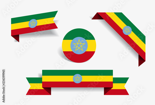 Ethiopian flag stickers and labels. Vector illustration.