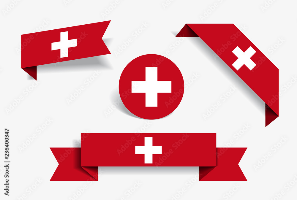 Fototapeta premium Swiss flag stickers and labels. Vector illustration.