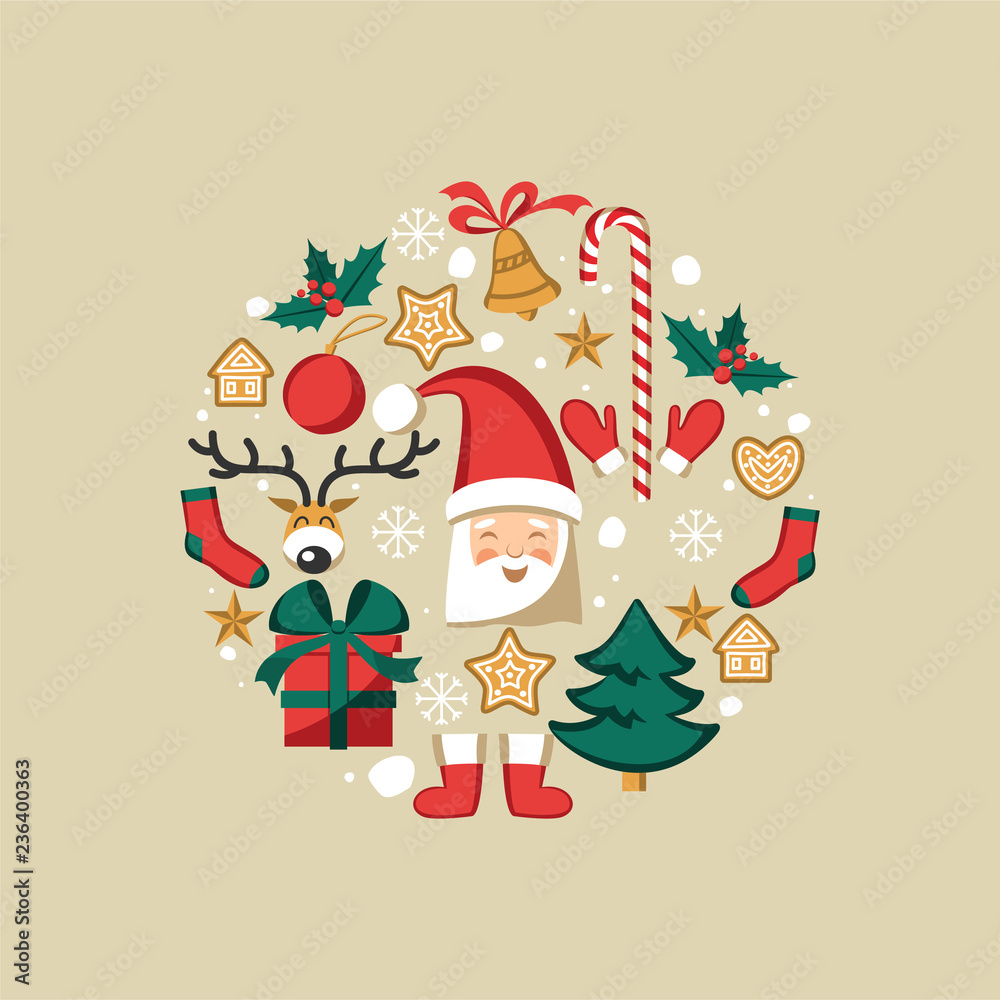 Naklejka premium Symbols of Christmas on a gray background. Flat illustrations for design.