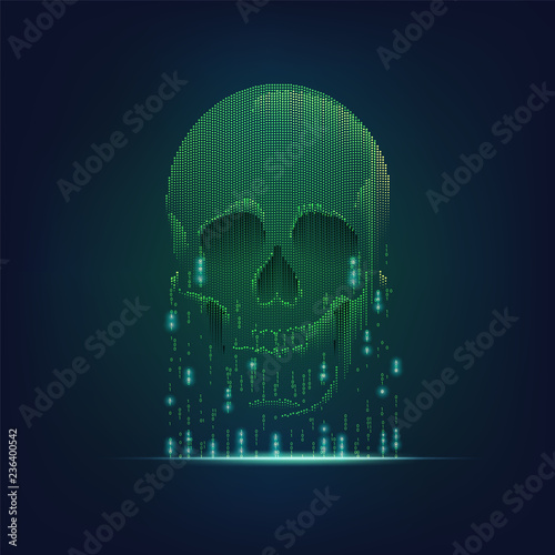 concept of computer virus, internet piracy and hacking, shape of skull combined with binary code
