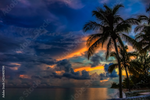 Fototapeta Naklejka Na Ścianę i Meble -  Colorful Sunset in the Bahamas with a palm tree in the foreground
