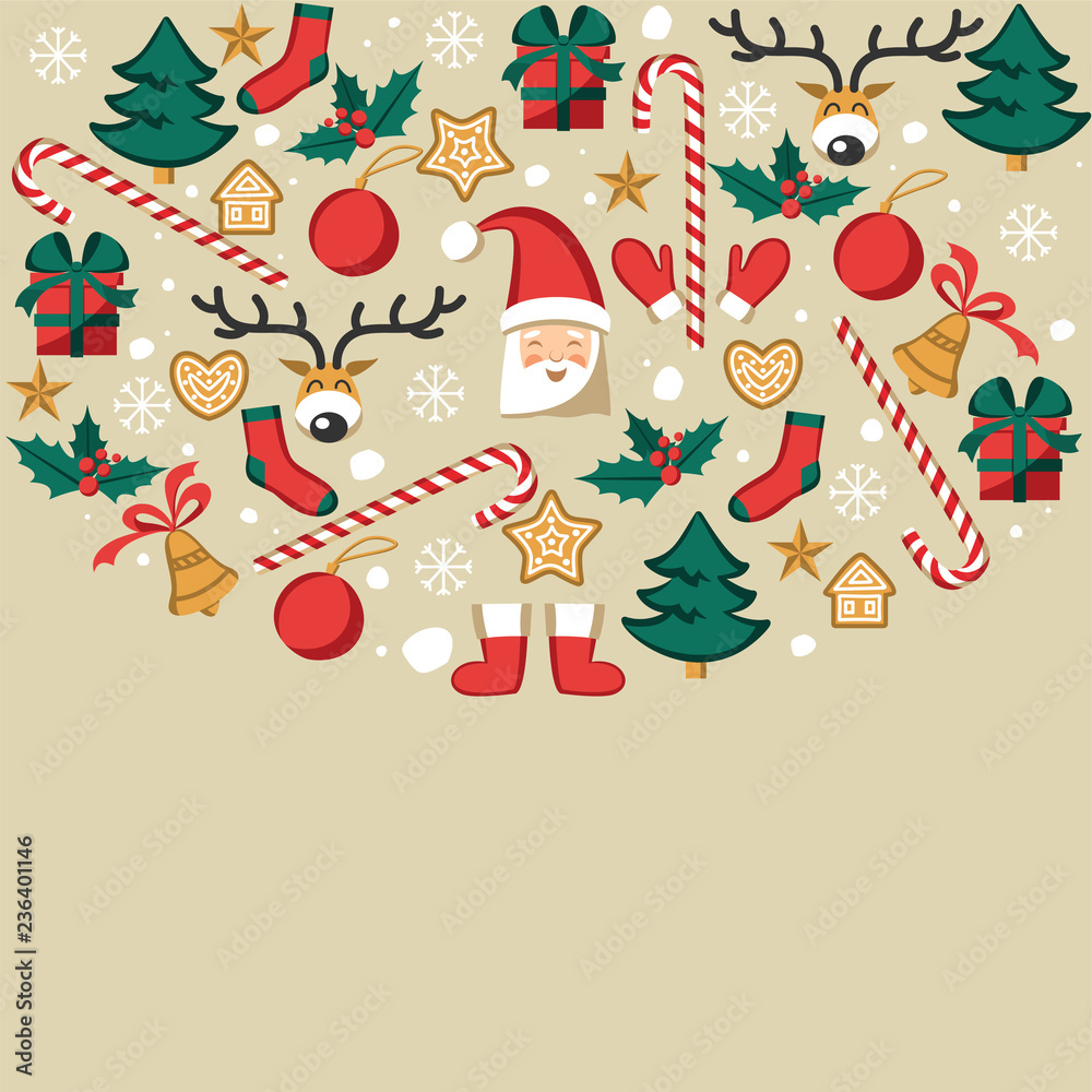 Symbols of Christmas on a gray background. Flat illustrations for design.