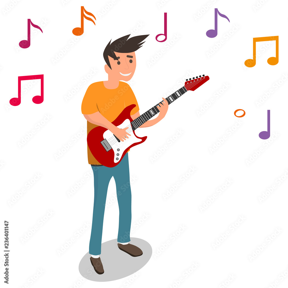 A man plays the electric guitar, guitarist plays the guitar. Isometric illustration of a man with a guitar.