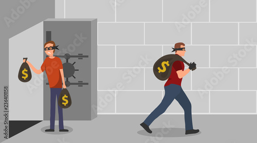Theft from a bank safe. Thieves stole money from a bank safe. Cartoon illustration of money theft.