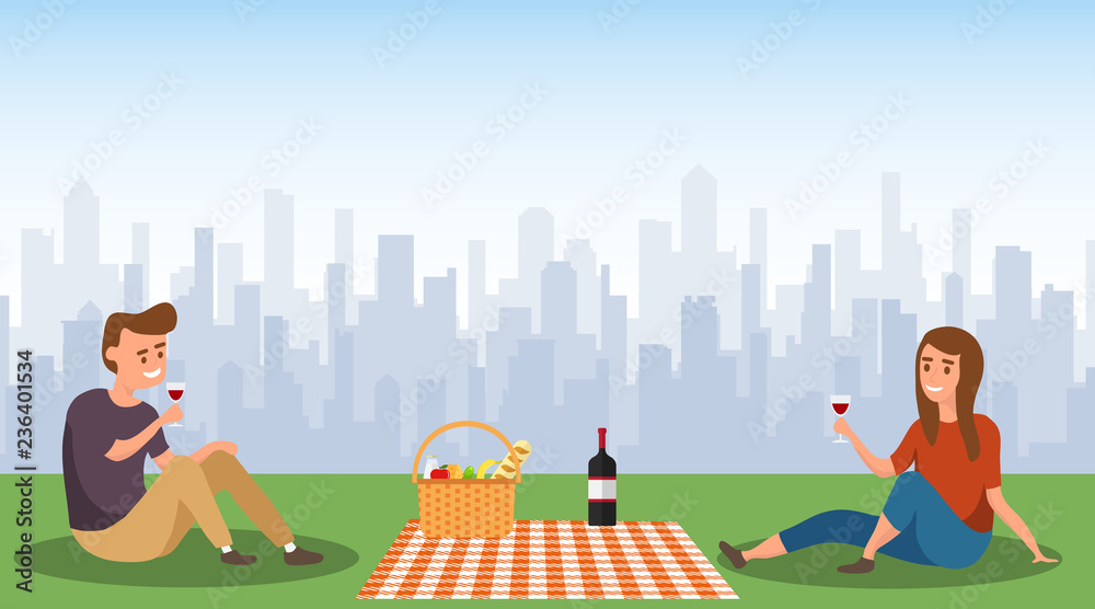 A man and a woman are sitting on a picnic. A man with a woman at a picnic are drinking wine against the background of the cityscape. Vector illustration.