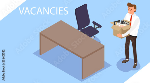 Vacancies. A man with a box of office supplies came to the free space. Office worker in isometric. Flat isometric illustration isolated on a blue background.