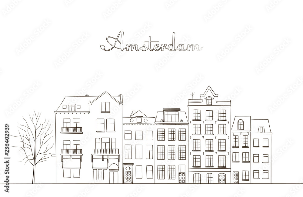 Vector Illustration of building Amsterdam outline for Design, Website, Background, Banner, Card. Travel Holland Landmark silhouette Element Template for Tourism Flier.
