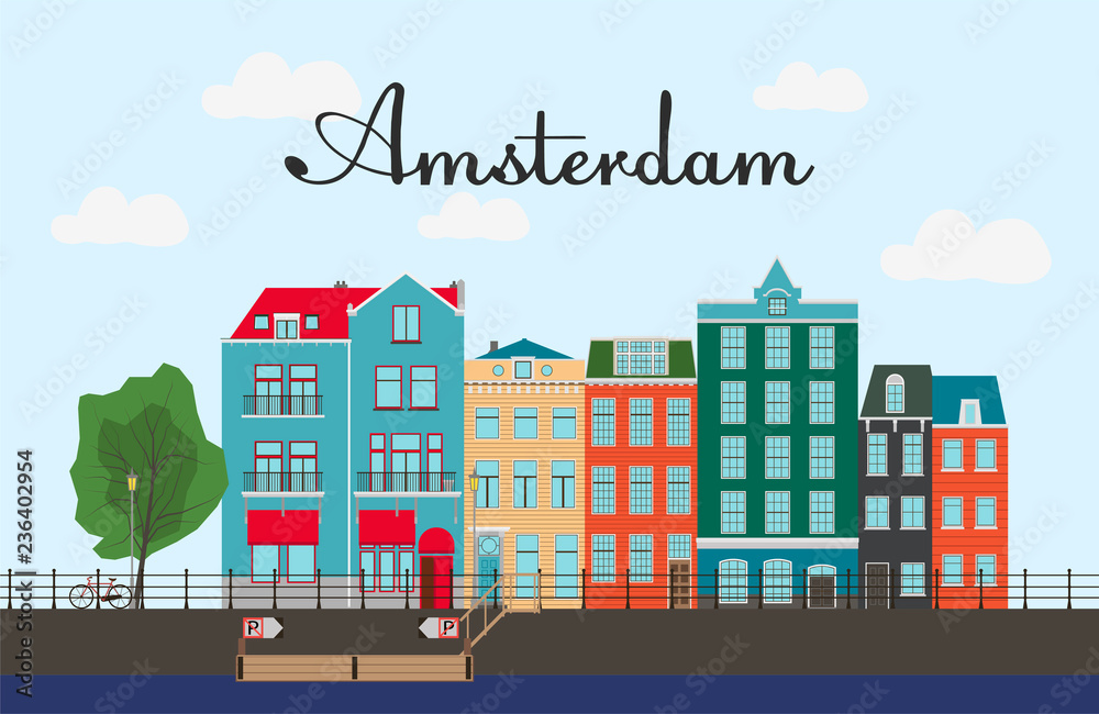 Flat cartoon multicolor colorful historic buildings city town Amsterdam panorama Holland, River sea canal channel bridge boat embankment bicycle multi color street