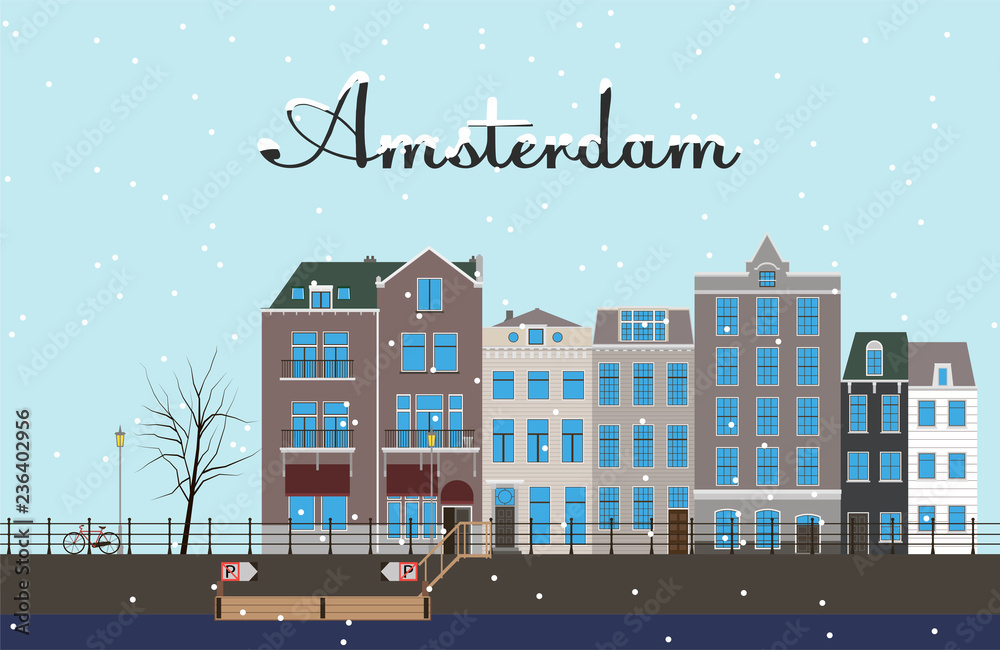 Vector illustration of european winter town. Flat design. Old houses. Amsterdam.