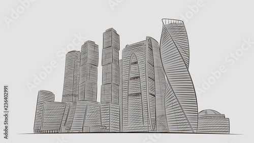 Moscow city , Moscow International Business Center, Russia. Skyscrapers on the bank of the Moscow river. Sketch by hand. Vector illustration.