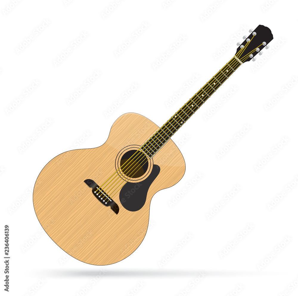 Obraz premium Realistic acoustic guitar isolated on white background. Classic guitar. Classical musical instrument. Jumbo.