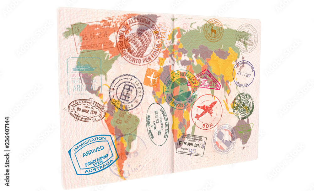 Passport with Visas, Stamps, Seals. World Map Travel or Tourism concept
