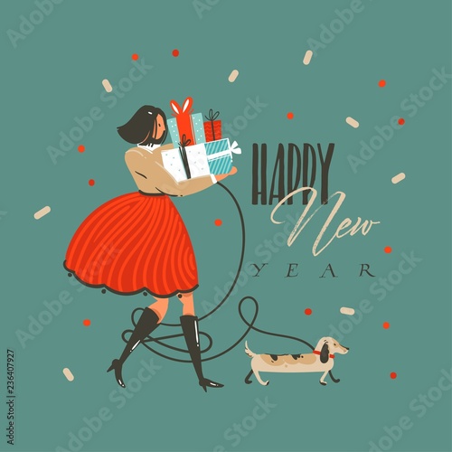 Hand drawn vector abstract fun Merry Christmas and Happy New Year time cartoon illustration greeting card with funny dog,girl with presents and Happy New Year text isolated on green background