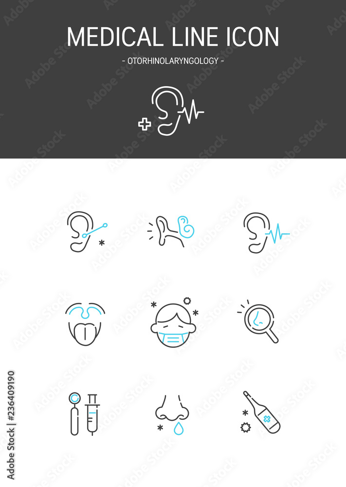 Medical elements outline icons set. Otorhinolaryngology