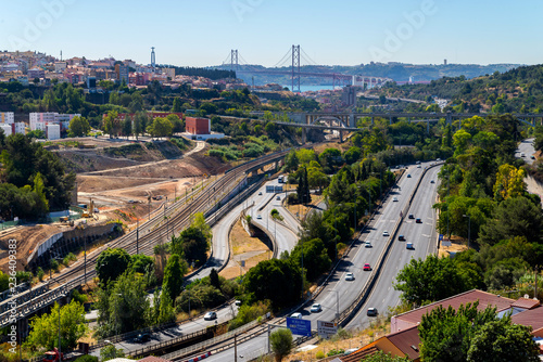 Panoramic view on Lisbon. Travel Portugal. Roads and bridges in big european city.