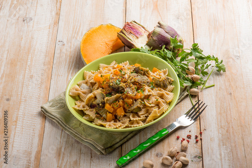 pasta with pumpkin artichoke and pisctachio nuts