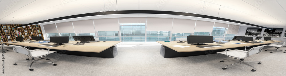 Fototapeta premium Computer Workplace in Panoramic Distortion - 3d visualization