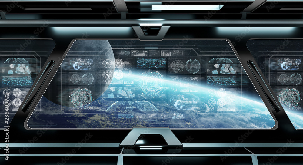 Dark spaceship interior with control panel digital screens 3D rendering Dark spaceship interior with control panel digital screens 3D rendering