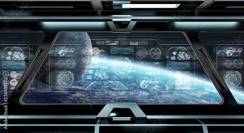 Dark spaceship interior with control panel digital screens 3D rendering