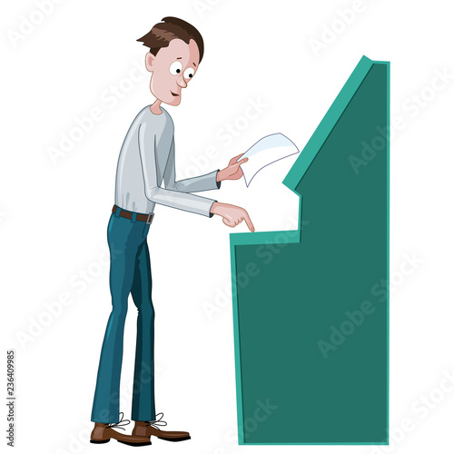 Man using an ATM machine. Cartoon man enters the pin code in an ATM machine or the man makes a payment through the ATM.