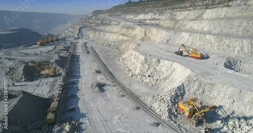 aerial motion over mining site with excavators and train