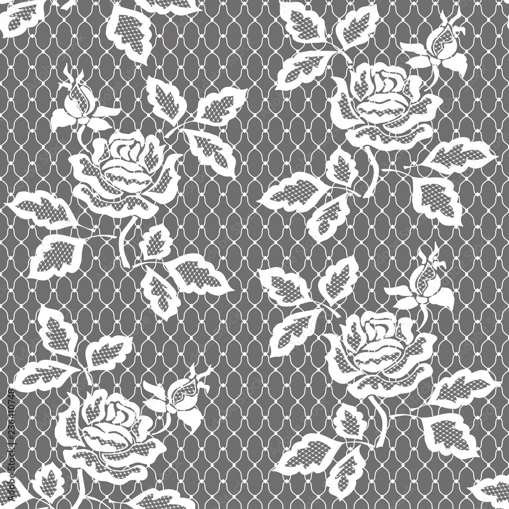 White seamless lace pattern with rose on transparent background