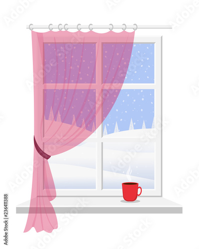 Winter window with red curtain overlooking the snow-covered landscape. From the window you can see the spruce, the snow, the blue sky and falling snow. Vector illustration.