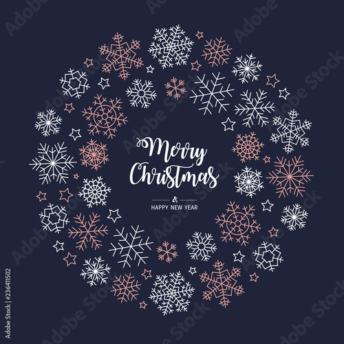  Modern circle greeting card Merry Christmas. Vector illustration with Christmas snowflakes. In the colors rose gold, white and navy blue. 