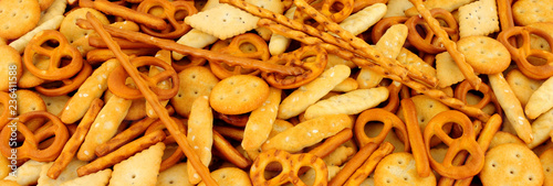 Savoury pretzel and cracker snack mix background