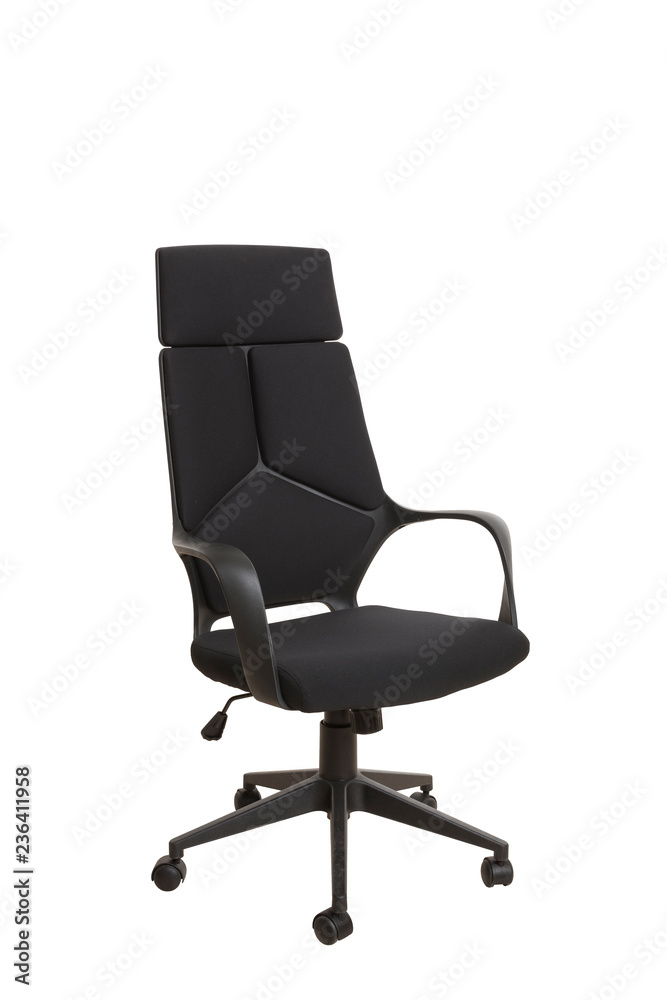 View of a modern office chair, made of black plastic, upholstered with black textile. Isolated on white background. View of a modern office chair, made of black plastic, upholstered with black textile. Isolated on white background.