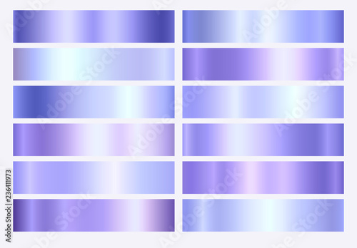 Violet, purple and blue foil texture gradation background set. Vector elegant, shiny and metalic gradient collection for border, frame, ribbon or label design.
