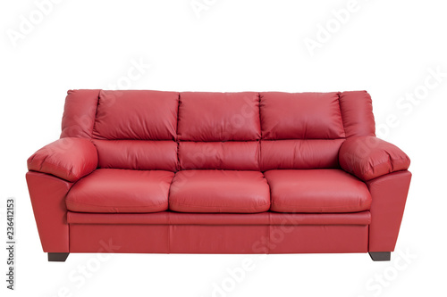 Three seats cozy leather sofa in nice red color, isolated on white.
