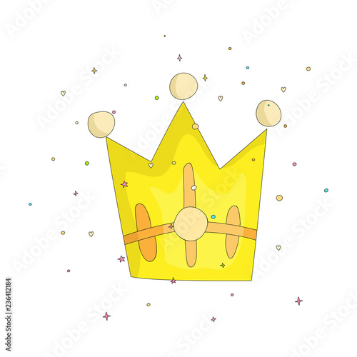 Cute yellow crown with gems cartoon icon. Fun cartoon crown with decoration elements on background. Yellow diadem for princess and queens on white background. photo