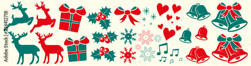 Weihnachtliche Elemente, Reentier, Glocken, Mistelzweig, Sterne, Schleife, Herz