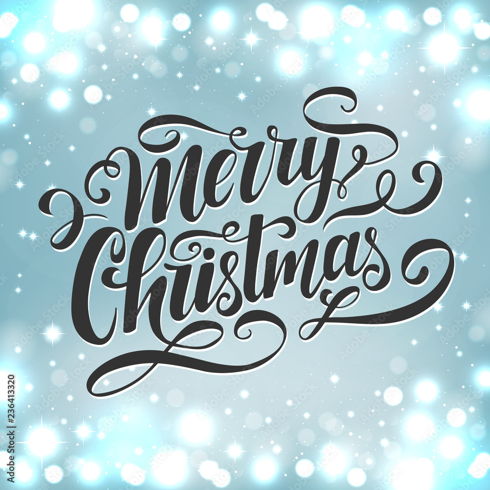 Merry Christmas vector lettering.Handwritten xmas card. Modern calligraphy.Holiday hand lettered design template for poster, flyer, bunner.Blue background with shiny sparkles. Hand drawn clipart.