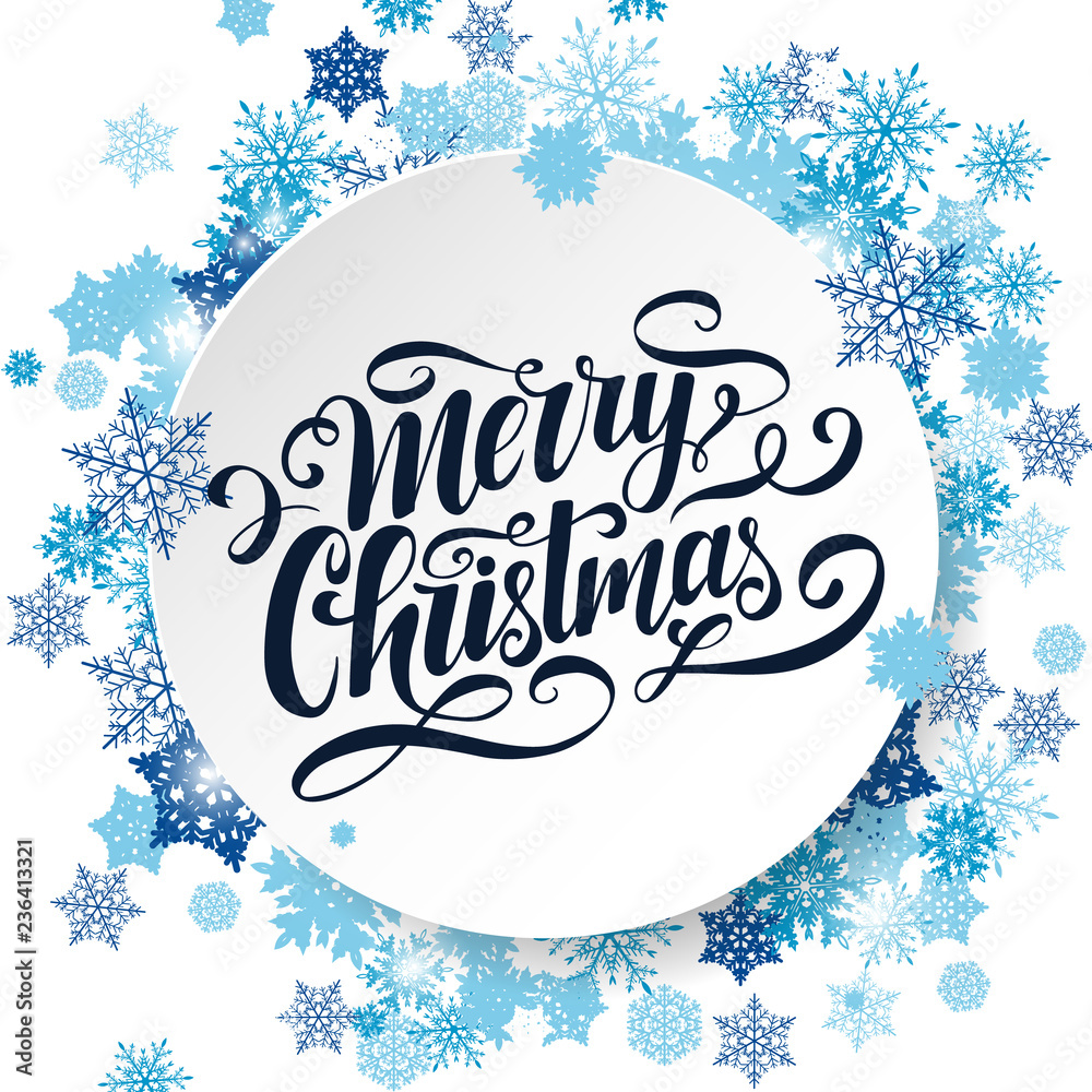 Merry Christmas vector lettering inscription. Handwritten Christmas greeting card. Handlettering typography poster. White background with blue snowflakes. Xmas design template.