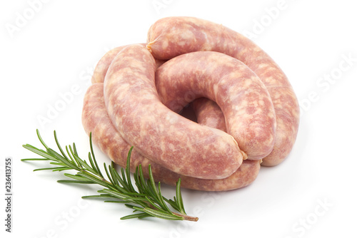 Spiral Sausages, Raw Munich Sausages with herbs, isolated on a white background. Close-up