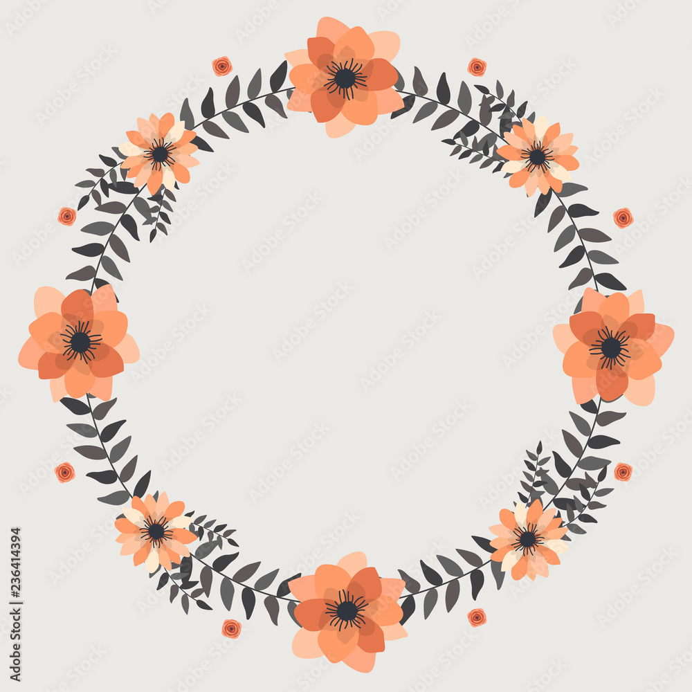 Obraz premium Floral greeting card and invitation template for wedding or birthday anniversary, Vector circle shape of text box label and frame, Orange cosmos flowers wreath ivy style with branch and leaves.