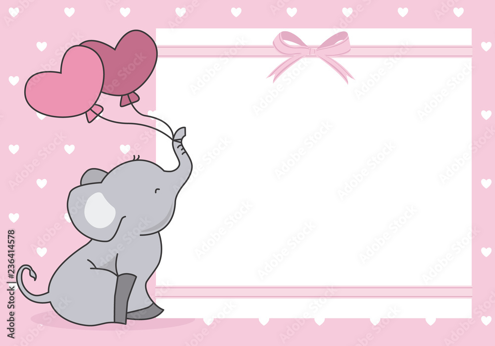 Obraz premium dziewczynka prysznic karta. słodki słoń z balonem. miejsce na tekst