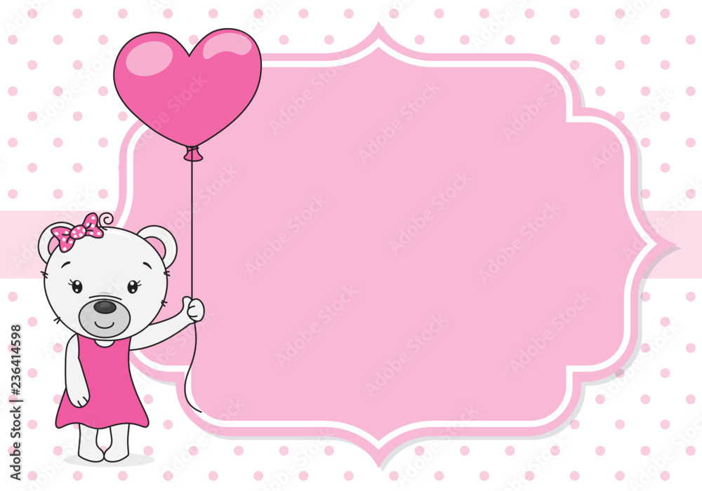 Obraz premium baby girl shower card. cute bear with balloon. space for text