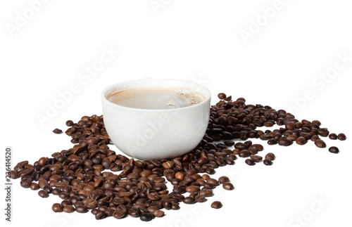 White cup of black coffee with roasted coffee beans