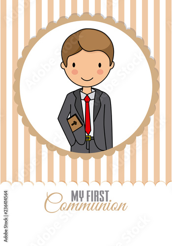 my first communion boy. child inside frame. space for text