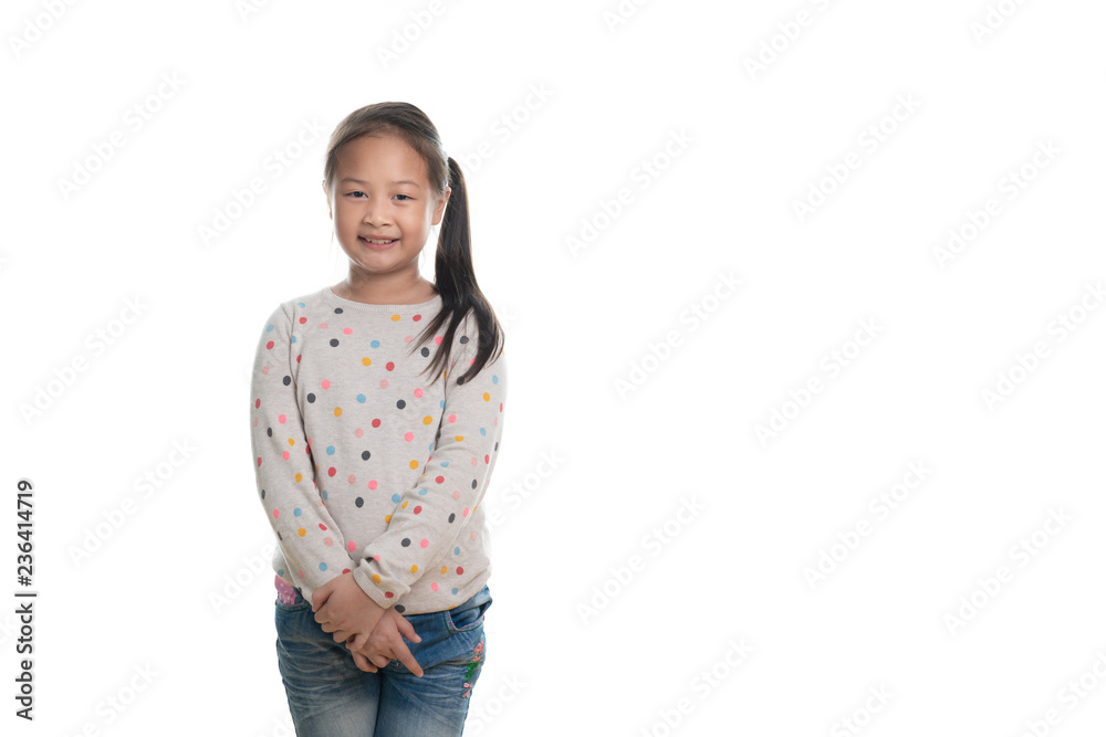 Cute kid southeast asian girl age 7 years in acting isolated on white Cute kid southeast asian girl age 7 years in acting isolated on white